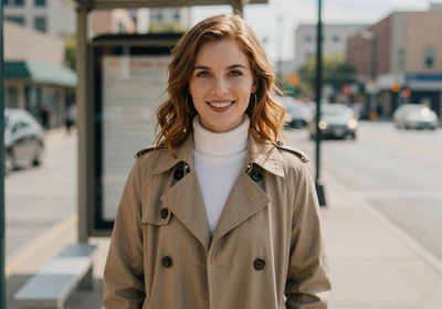 Rachel, a 27-year-old woman in a trench coat at a Dallas bus stop, representing trucker dating in Dallas