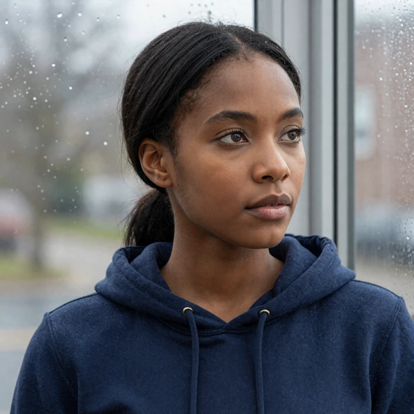 Woman in a hoodie looking thoughtfully out a rainy window, representing trust and patience in a trucker relationship