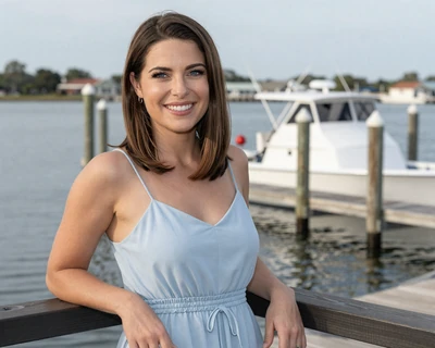 Kayla, a 34-year-old brunette woman in a sundress at a Tampa Bay fishing pier, featured on MileDating trucker dating Florida