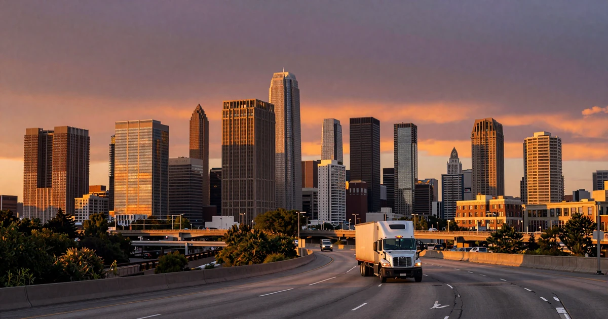 American city skyline at dusk viewed from a highway approach with a semi truck heading toward the city, representing trucker dating by city