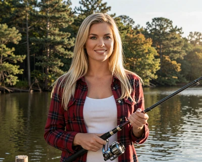 Kayla, a 27-year-old blonde woman in a red flannel shirt fishing by an Arkansas lake, featured on MileDating trucker dating