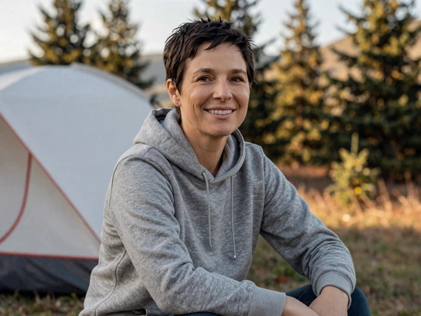 Woman in a hoodie smiling at a North Georgia mountain campsite, representing trucker dating Georgia home-time dates