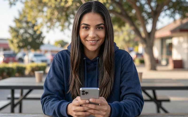 Woman holding a phone and smiling at a highway rest area, illustrating how to stay connected when dating a truck driver