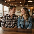 Ray and Brandi, a couple in their 30s laughing together at a Texas BBQ restaurant, a MileDating trucker dating success story