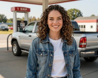 Kayla, a 27-year-old woman with curly brown hair in a denim jacket at a gas station, a MileDating trucker dating by state profile