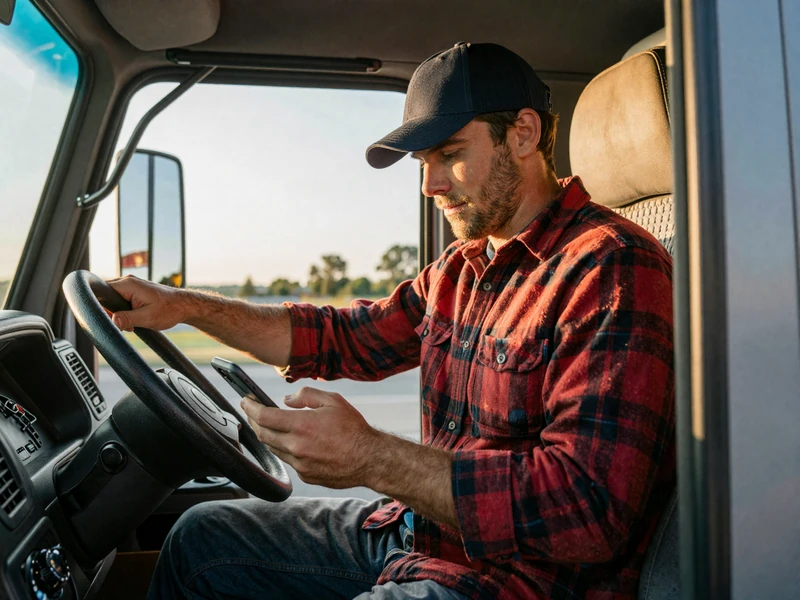 Truck driver checking his phone in a semi truck cab, illustrating online dating tips for truck drivers