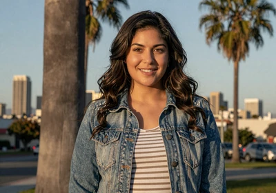 Vanessa, a 33-year-old Latina woman in a denim jacket near the LA skyline, representing trucker dating in Los Angeles