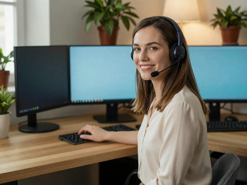MileDating customer support representative wearing a headset at a desk with dual monitors, ready to help with trucker dating login and account questions