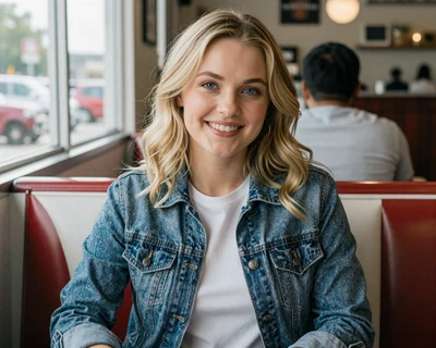 Amanda, a 28-year-old blonde woman in a denim jacket at a Chicago diner, a MileDating trucker dating Illinois profile