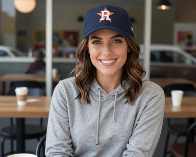 Megan, a 27-year-old brunette woman in an Astros cap at a Houston coffee shop, featured on MileDating trucker dating Houston