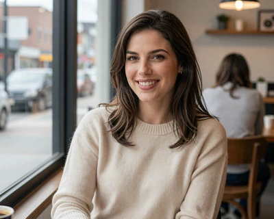 Rachel, a 30-year-old brunette woman in a cream sweater at a Pittsburgh coffee shop, a MileDating trucker dating Pennsylvania profile