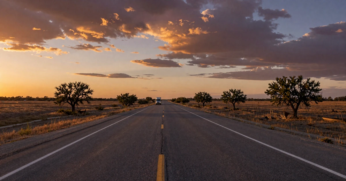 Texas highway at dusk with a semi truck in the distance, representing trucker dating in the Lone Star State