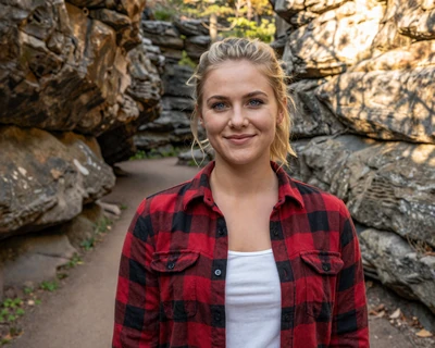 Kayla, a 28-year-old blonde woman in a flannel shirt at Hocking Hills trail, featured on MileDating trucker dating Ohio
