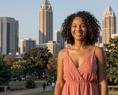 Tasha, a 29-year-old Black woman with natural hair in a sundress at an Atlanta park, a MileDating trucker dating Atlanta profile