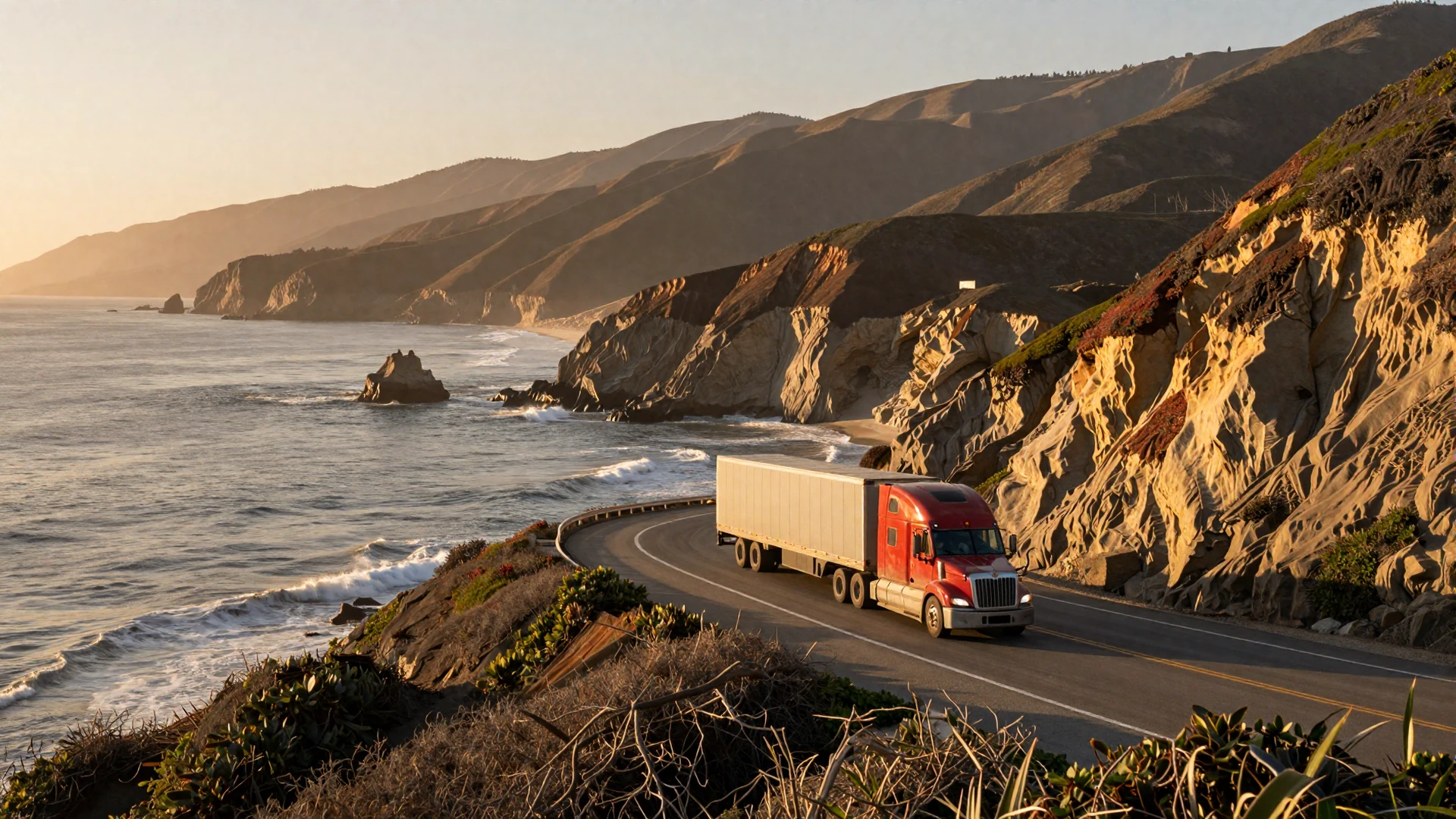 Pacific Coast Highway at sunset with a semi truck in the distance, representing trucker dating in California