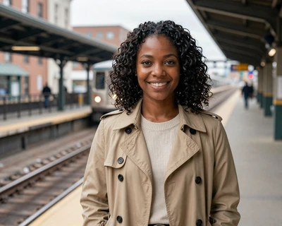 Jasmine, a 32-year-old Black woman in a trench coat at a Chicago L platform, featured on MileDating trucker dating Chicago