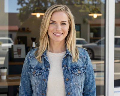 Carly, a 31-year-old blonde woman in a denim jacket at an Atlanta coffee shop, a MileDating trucker dating Atlanta profile