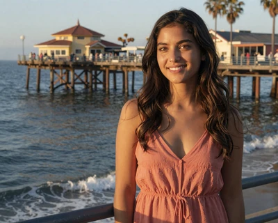 Sofia, a 28-year-old Latina woman in a sundress on Santa Monica Pier, a MileDating trucker dating Los Angeles profile