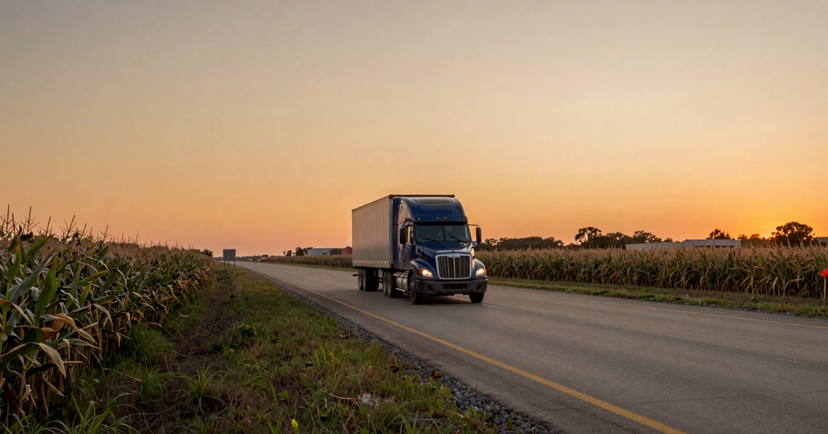 Houston ship channel highway with port cranes at golden hour and a semi truck on the interstate, representing trucker dating in Houston