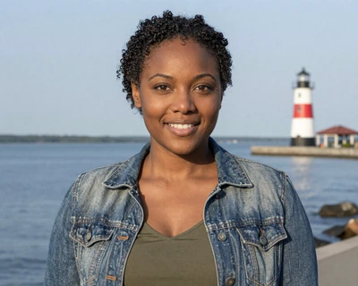 Jasmine, a 35-year-old Black woman in a denim jacket at the Cleveland lakefront, a MileDating trucker dating Ohio profile