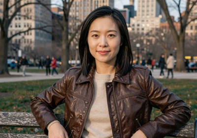 Lily, a 29-year-old Asian American woman in a leather jacket on a Chicago park bench, representing trucker dating in Chicago