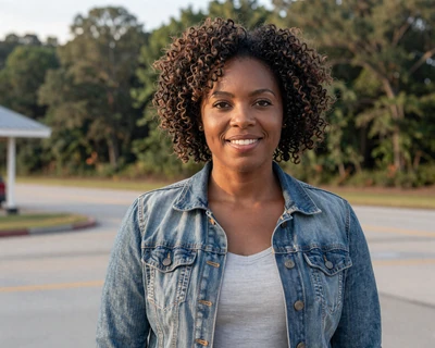 Denise, a 38-year-old Black woman with natural hair in a denim jacket at an Arkansas rest area, a MileDating trucker dating Arkansas profile