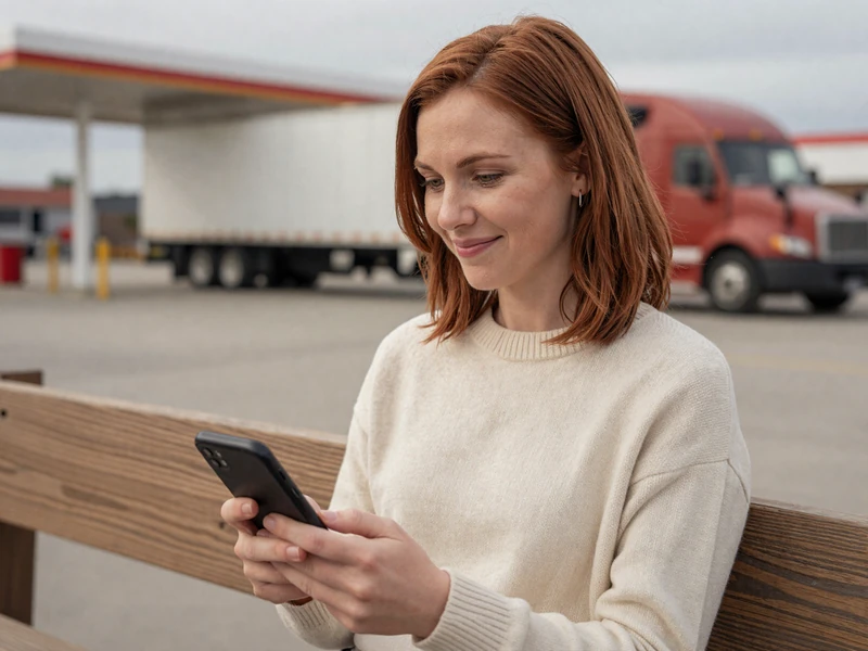 Woman in a sweater looking thoughtfully at her phone at a truck stop, representing long-distance trucker relationship dating