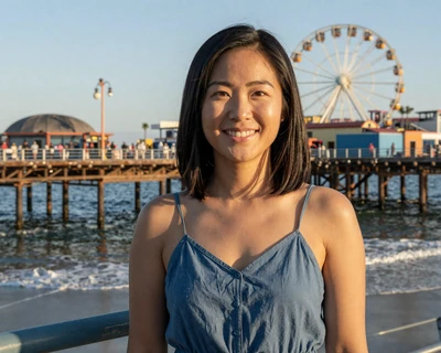 Megan, a 28-year-old Asian American woman in a blue sundress on the Santa Monica Pier, a MileDating trucker dating California profile