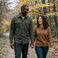 Tom and Maria holding hands on a forest trail in autumn, a MileDating trucker dating success story