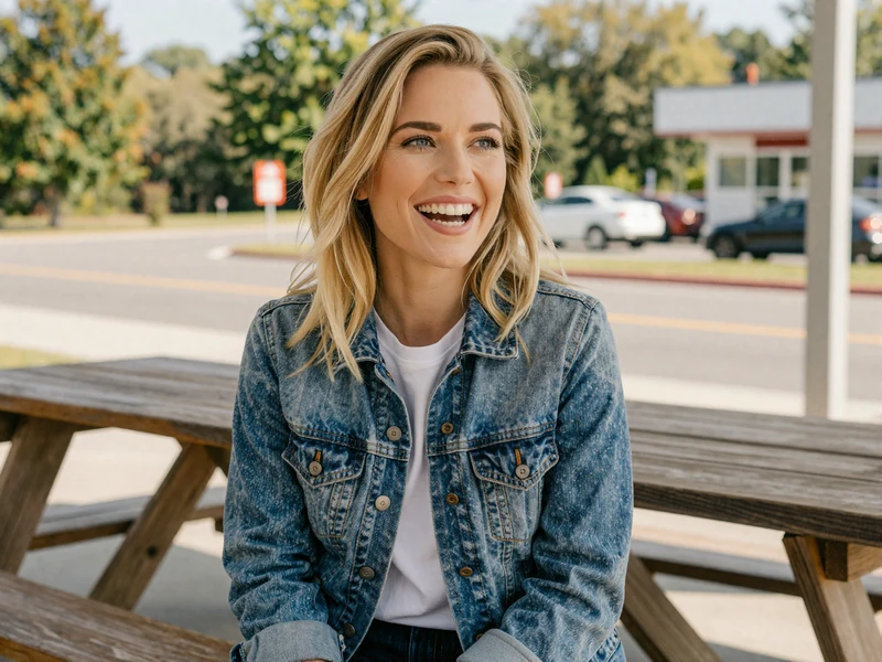 Woman in a denim jacket laughing at a picnic table at a rest stop, illustrating layover dates for truck drivers