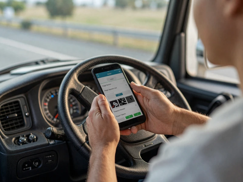 Truck driver checking a dating app on a smartphone inside a semi-truck cab, illustrating why traditional dating apps struggle for CDL drivers