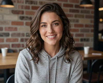 Rachel, a 32-year-old brunette woman in an Ohio State hoodie at a Columbus coffee shop, a MileDating trucker dating Ohio profile