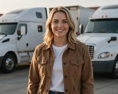 Megan, a 26-year-old blonde woman in a canvas jacket at an Iowa truck stop, a MileDating trucker dating Iowa profile