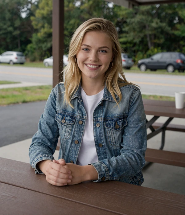 Woman in a denim jacket smiling at a highway rest stop picnic table, representing women who use niche trucker dating apps