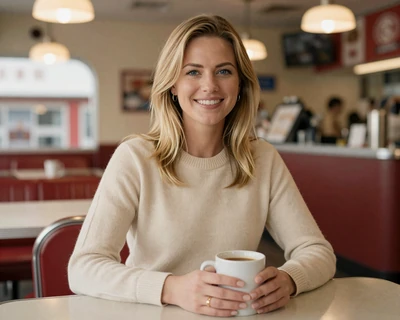 Kayla, a 35-year-old blonde woman in a cream sweater at a roadside diner, featured on MileDating trucker dating New York