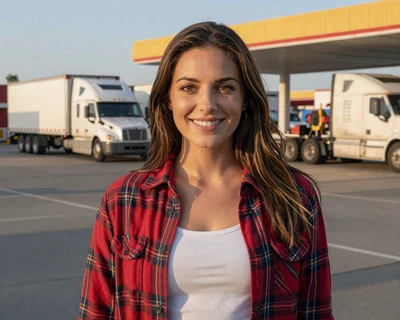 Jessica, a 28-year-old brunette woman in a flannel shirt smiling at a truck stop, part of MileDating trucker dating profiles
