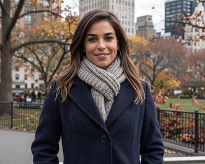Sofia, a 30-year-old brunette woman in a navy coat at a New York city park, a MileDating trucker dating New York profile