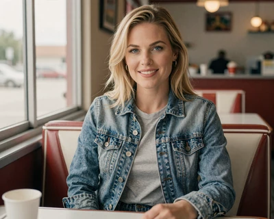 Amanda, a 32-year-old blonde woman in a denim jacket at a roadside diner, featured on the MileDating trucker dating site