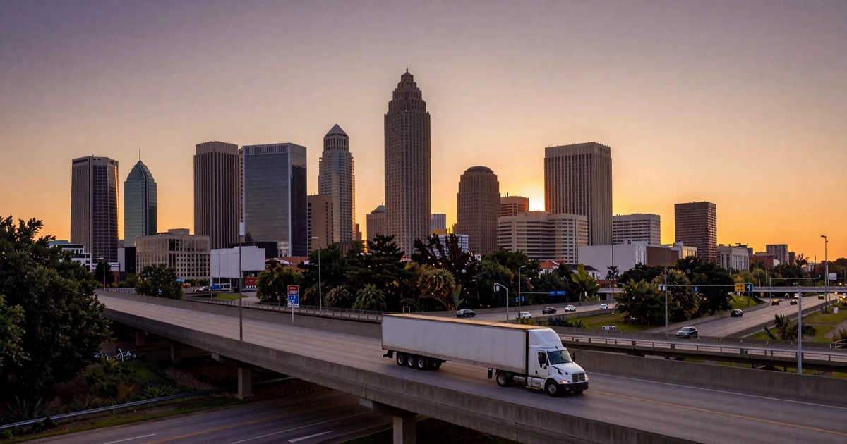 Atlanta downtown skyline at golden hour with a highway interchange and semi truck in the foreground, representing trucker dating in Atlanta