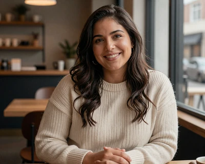 Sofia, a 35-year-old Latina woman in a knit sweater at a coffee shop, a MileDating trucker dating profile
