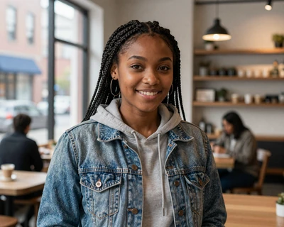 Imani, a 27-year-old Black woman with braids in a denim jacket at a New York coffee shop, a MileDating trucker dating New York profile