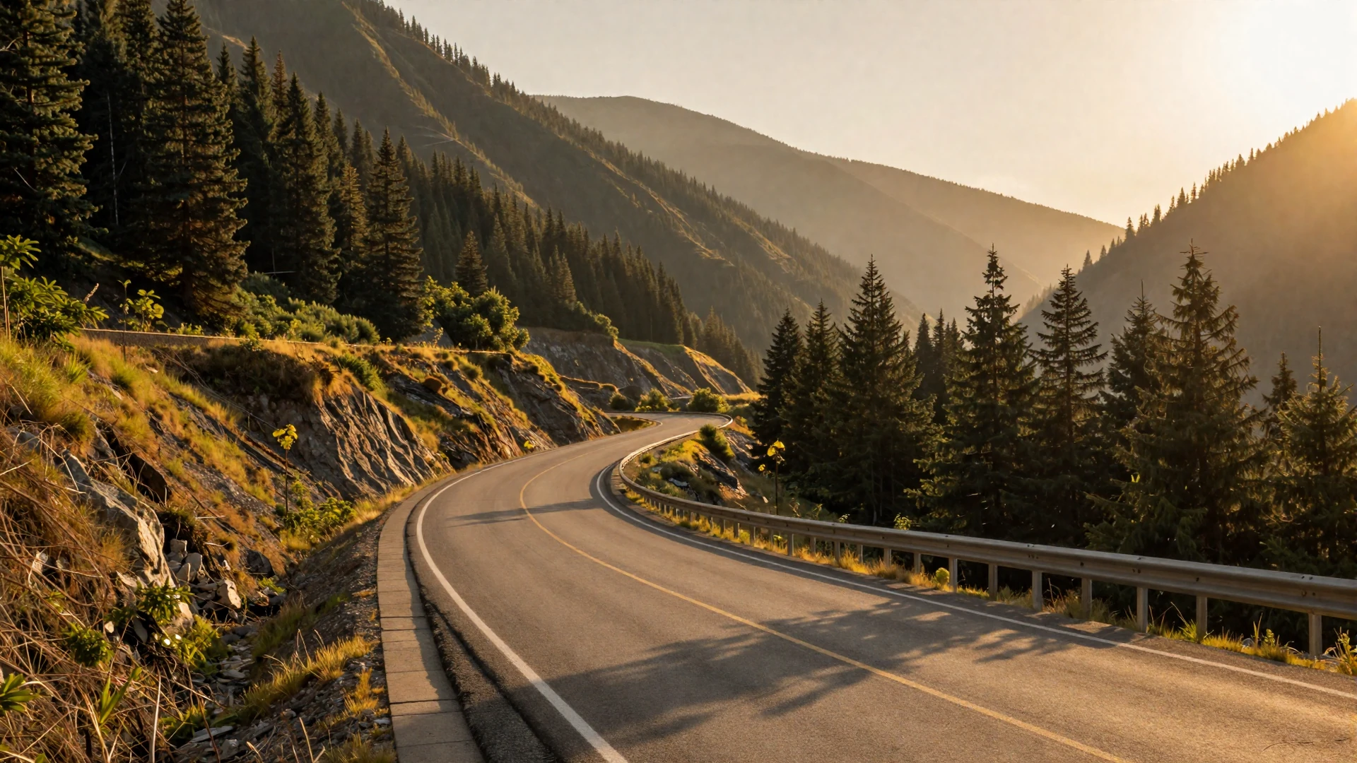 Golden-hour mountain highway stretching toward the horizon, representing the trucker dating lifestyle on the open road
