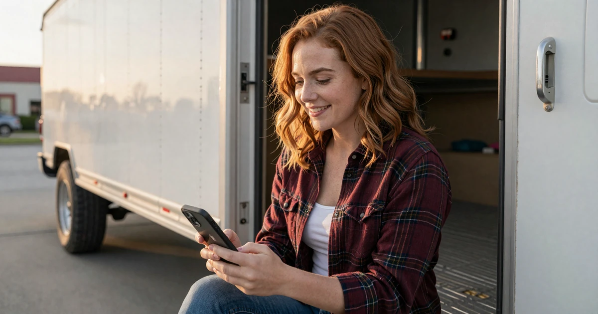 Woman in a flannel shirt holding a phone with a dating app at a truck stop, representing the best dating apps for CDL drivers