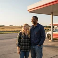 Marcus and Danielle, a happy Iowa couple at a rest area overlooking farmland, MileDating CDL dating success story