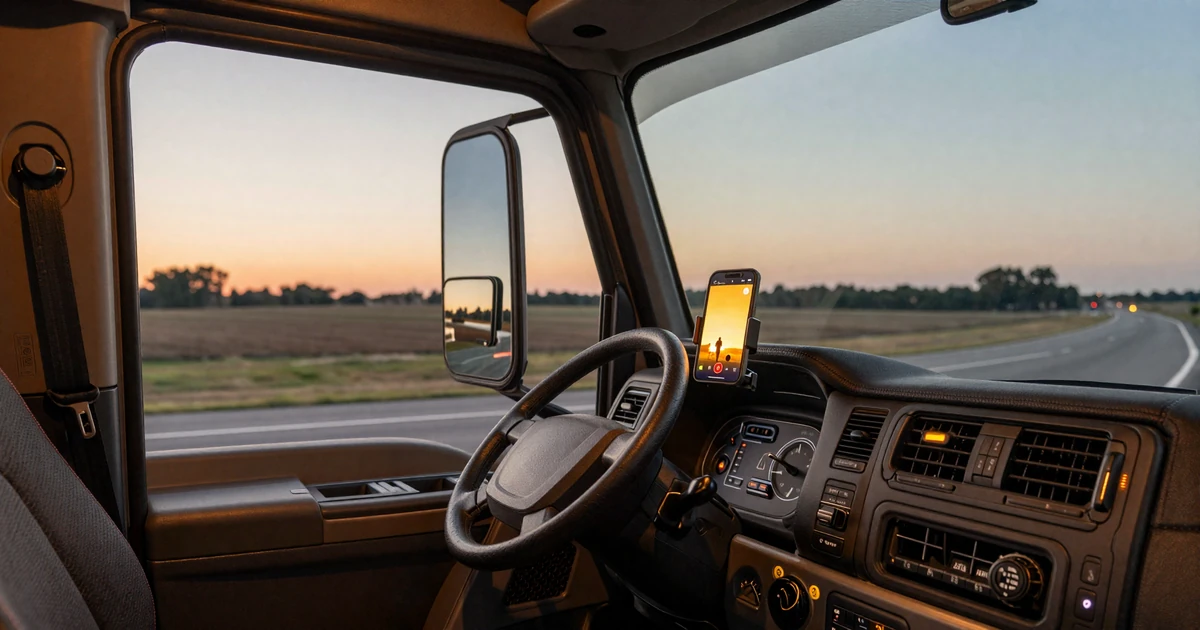 Semi-truck cab interior at dusk with a smartphone showing a video call on the dashboard, illustrating long haul relationship dating