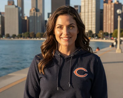 Megan, a 29-year-old brunette woman in a Bears hoodie on the Chicago Lakefront Trail, a MileDating trucker dating Chicago profile