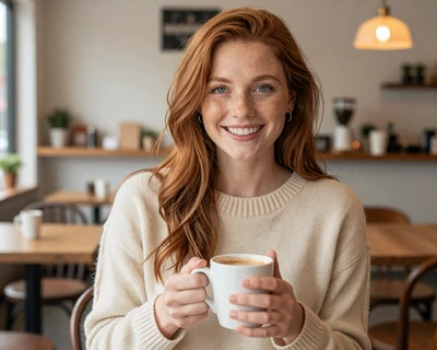 Kelsey, a 31-year-old redhead in a sweater at an Illinois coffee shop, a MileDating trucker dating Illinois profile