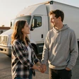 Marcus and Jessica, a happy couple holding hands at a truck rest area, a MileDating trucker dating success story