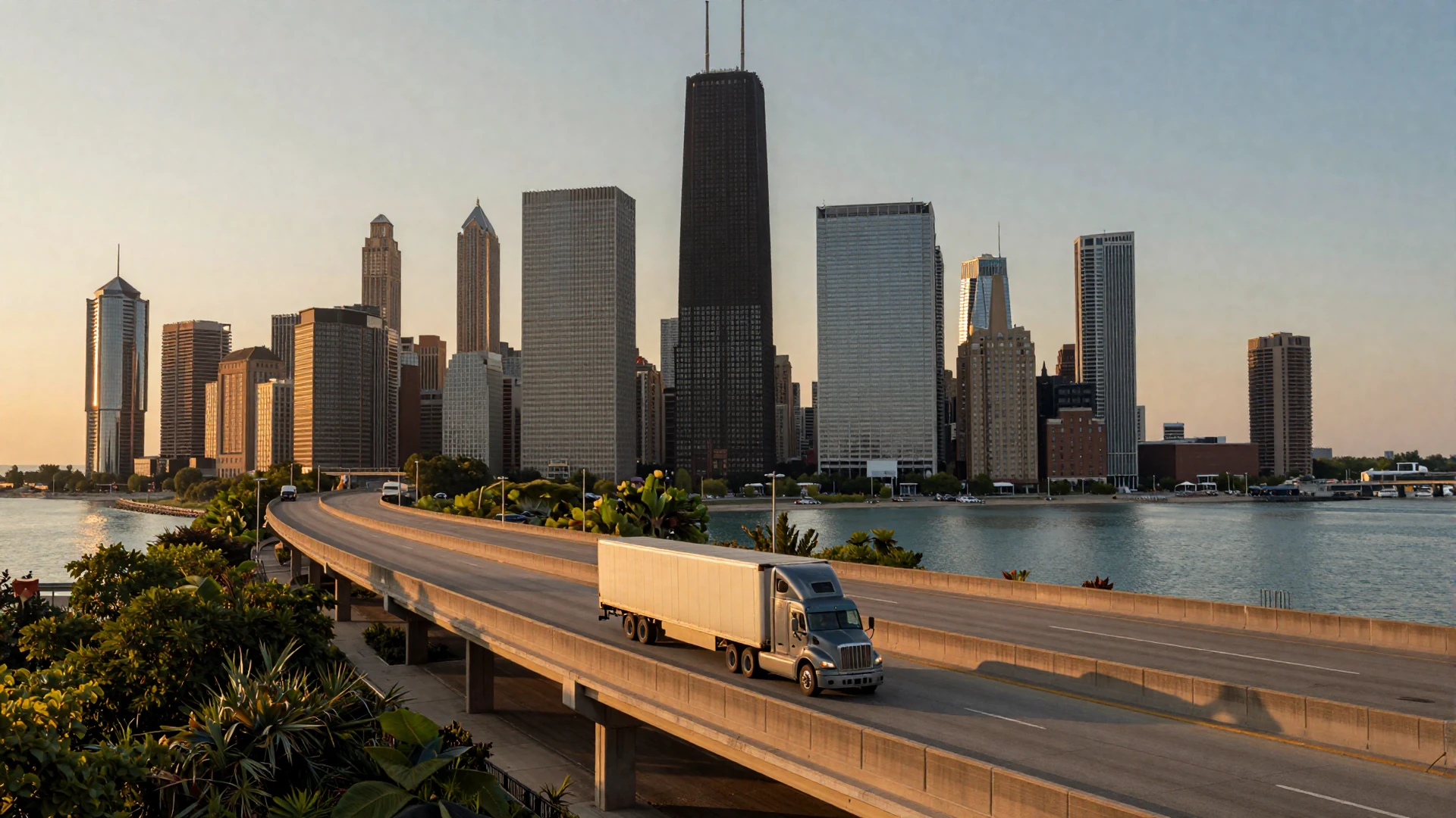 Chicago skyline seen from I-90 highway at golden hour with a semi truck in the foreground, representing trucker dating in Chicago