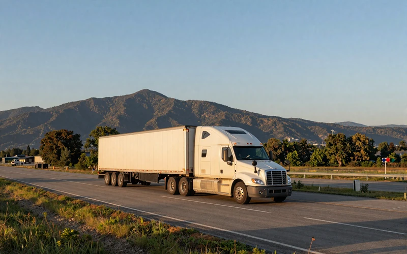 Semi truck parked at a rest area at sunset on an American interstate, illustrating the trucker dating app lifestyle